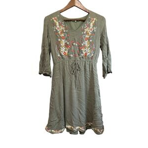 Tea n Rose Olive Green Embroidered Dress‎ Medium Floral Bohemian Drawstring